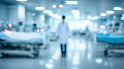 Fototapeta premium A blurred view of a hospital setting with doctors and patients, illustrating the busy yet critical environment of healthcare.