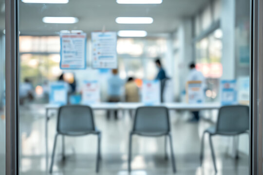 A blurred view of a waiting room with chairs and informative posters, ideal for themes of healthcare and customer service. - Powered by Adobe