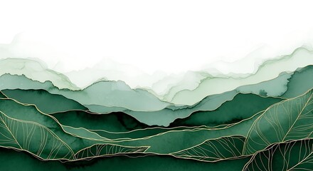 Abstract watercolor landscape painting of rolling green mountains with a soft white sky and subtle gold accents