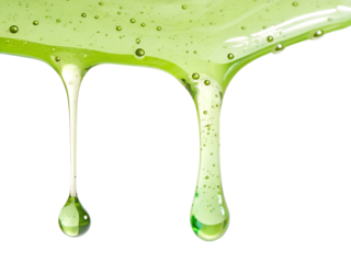 Green liquid dripping with bubbles isolated on transparent background