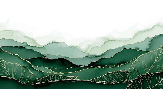Abstract watercolor landscape painting of rolling green mountains with a soft white sky and subtle gold accents - Powered by Adobe