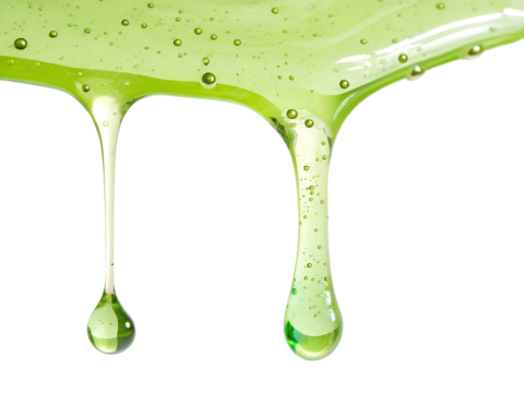 Green liquid dripping with bubbles isolated on transparent background