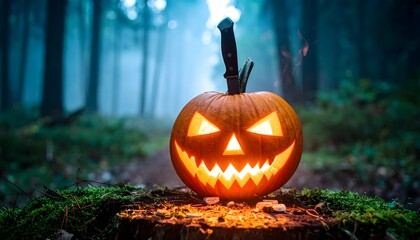 Carved pumpkin lantern glowing on mossy tree stump