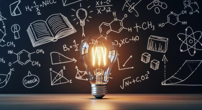 Illuminated lightbulb amidst scientific formulas