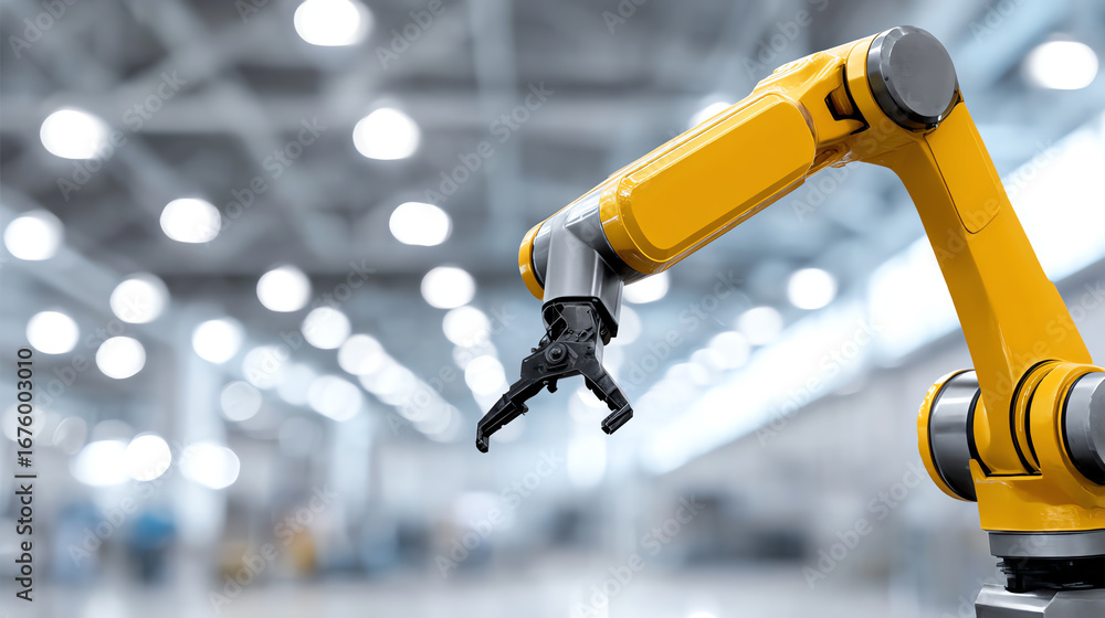 Poster a close-up of an industrial robotic arm in a modern factory setting, demonstrating automation and ad