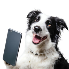 Happy border collie taking a selfie with a smartphone against a white background