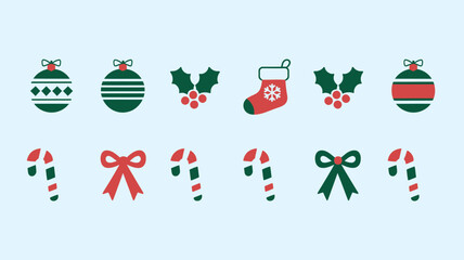 Fototapeta premium Vector art of collection of christmas icons including baubles, holly, stocking, candy cane, and bow on a light blue background