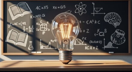 Illuminated lightbulb atop a wooden table in front of a chalkboard covered with scientific equations and diagrams