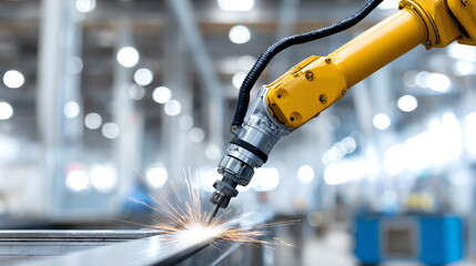 A close-up view of a robotic arm welding metal in a modern manufacturing facility, showcasing advanced technology in action.