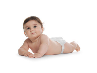 Cute little baby in diaper on white background