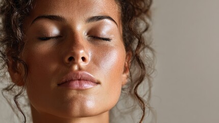 A serene moment captured of a woman with closed eyes, radiating calmness and tranquility in a minimal setting.
