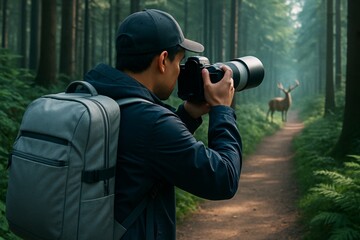 Fototapeta premium Wildlife photographer capturing deer in misty forest using telephoto lens on scenic trail with soft natural light and serene background. Ai generative