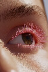 Obraz premium Eye close-up revealing unique pink eyelashes and natural brown iris against clear light