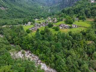 Obraz premium Drone view at the village of San Carlo in the Swiss alps