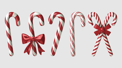 Vector art of collection of traditional red and white striped candy canes with red bows