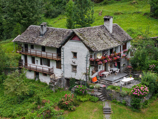 Drone view at the village of San Carlo in the Swiss alps