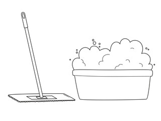 Cleaning tools - mop and basin with a foam. Doodle vector illustration isolated on white background