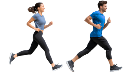 full-body photograph of an attractive indian couple running, wearing sportswear and sneakers on a white background