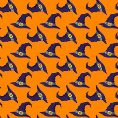 Seamless pattern witch’s magic hat on orange background vector illustration. Print, perfect for branding, packaging, and Halloween festival products