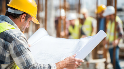 A construction worker reviewing blueprints at a building site, showcasing teamwork and professionalism in the industry.