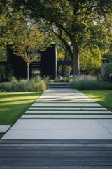 Fototapeta premium Elegant pathway leads to modern architecture nestled among lush greenery in a serene outdoor setting during daylight hours