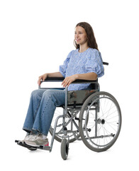 Smiling teenage girl in wheelchair on white background