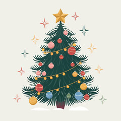 Vector art of festive decorated christmas tree with star and ornaments