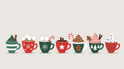 Vector art of a row of six festive christmas mugs filled with hot chocolate, whipped cream, candy canes, and cinnamon sticks, isolated on a light background
