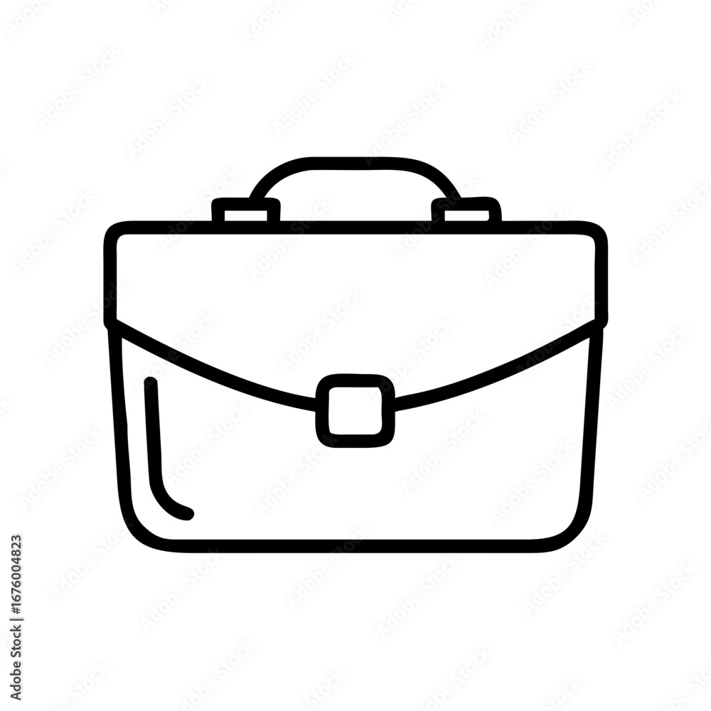 Poster illustration of a simple black outline briefcase with a handle and a clasp on a white background