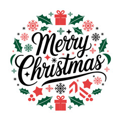 Vector art of merry christmas text with festive elements like snowflakes, holly, gifts, and candy canes in a circular design