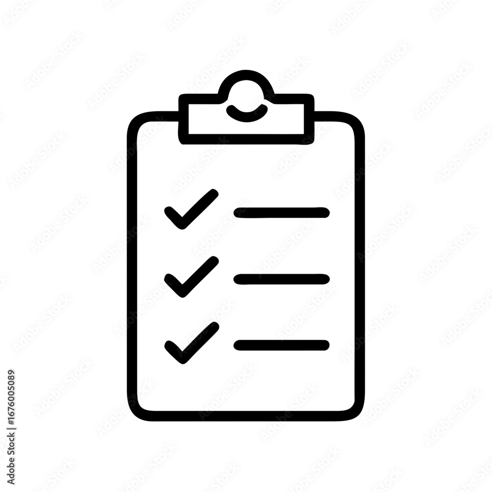 Poster illustration of a clipboard with three checkmarks and three lines in a simple black outline style