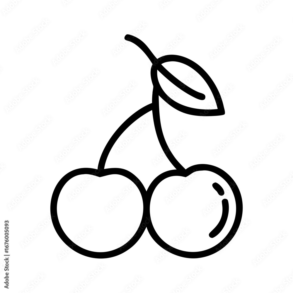 Poster outline drawing of two cherries connected by stems with a leaf attached on a white background design