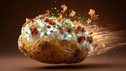 A delicious baked potato bursting with toppings like sour cream, bacon, and chives, showcasing a mouth-watering culinary delight.