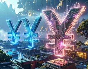 Obraz premium Digital Currency: A digital illustration showcases two glowing currency symbols standing atop a modern city landscape, symbolizing the ever-evolving world of finance and technology.