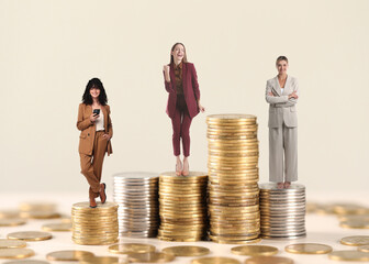 Business women on stacked coins against beige background. Different income