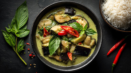A delicious bowl of green curry with vibrant vegetables, aromatic herbs, and a side of fluffy rice, perfect for a healthy meal.