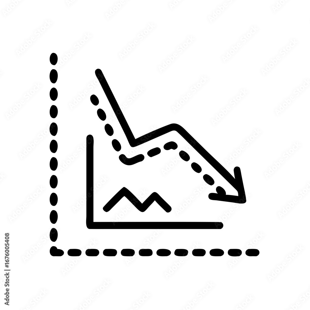 Poster a line graph showing a downward trend with dotted lines and a zig zag line on a white background