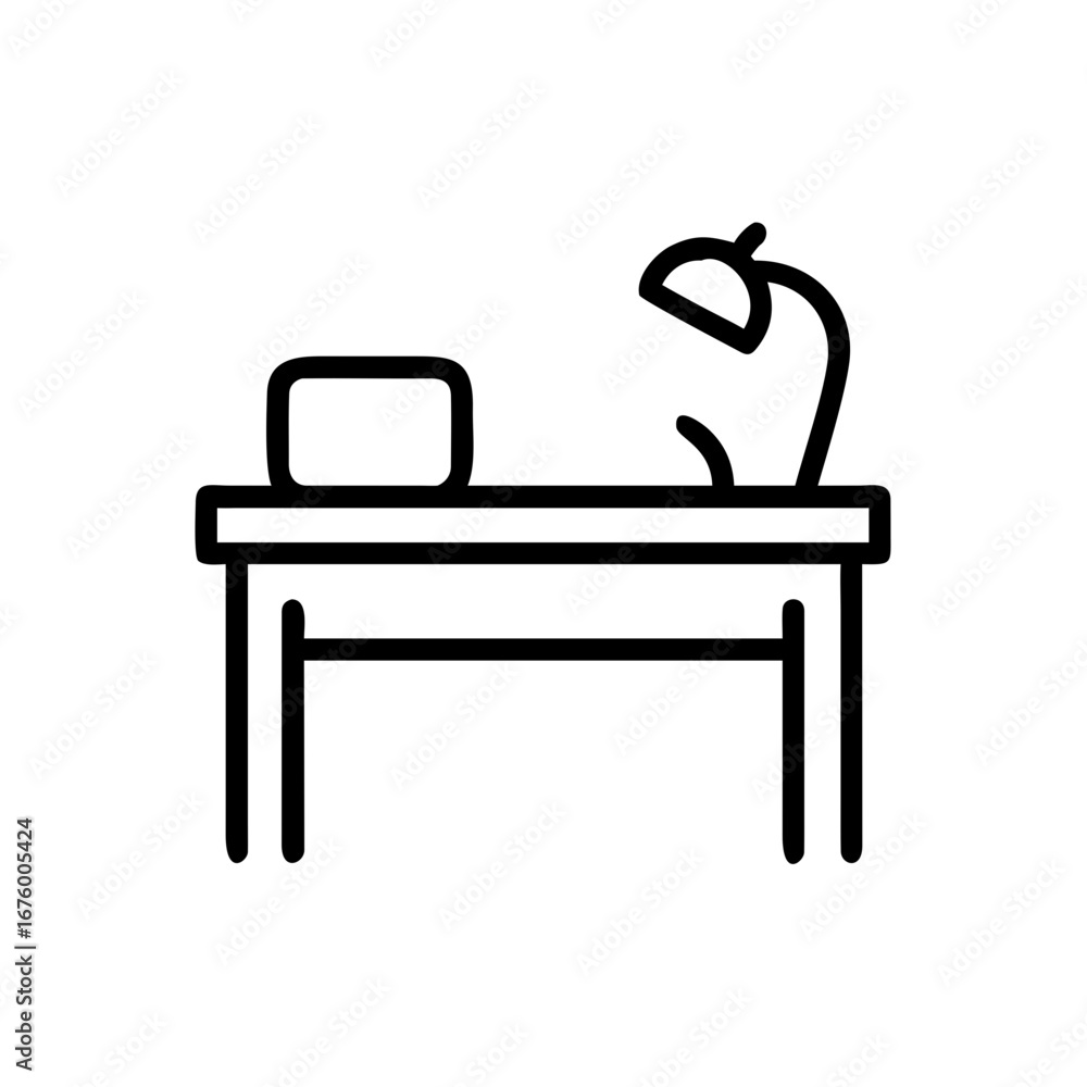 Poster illustration of a desk with a lamp and a cushion in a simple black outline style on a white backgrou