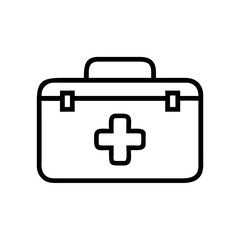Obraz premium Outline drawing of a medical kit with a handle and a cross in the center on white background vector design