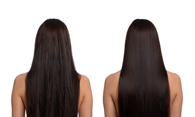 Before and after hair lamination procedure, collage. Woman showing hair on white background, back view