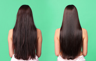 Before and after hair lamination procedure, collage. Woman showing hair on aquamarine background,...