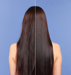 Hair lamination, before and after. Photo of woman on blue violet background, divided for comparison...