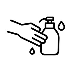 Hand using a dispenser bottle with liquid soap and water droplets in a black outline design style icon