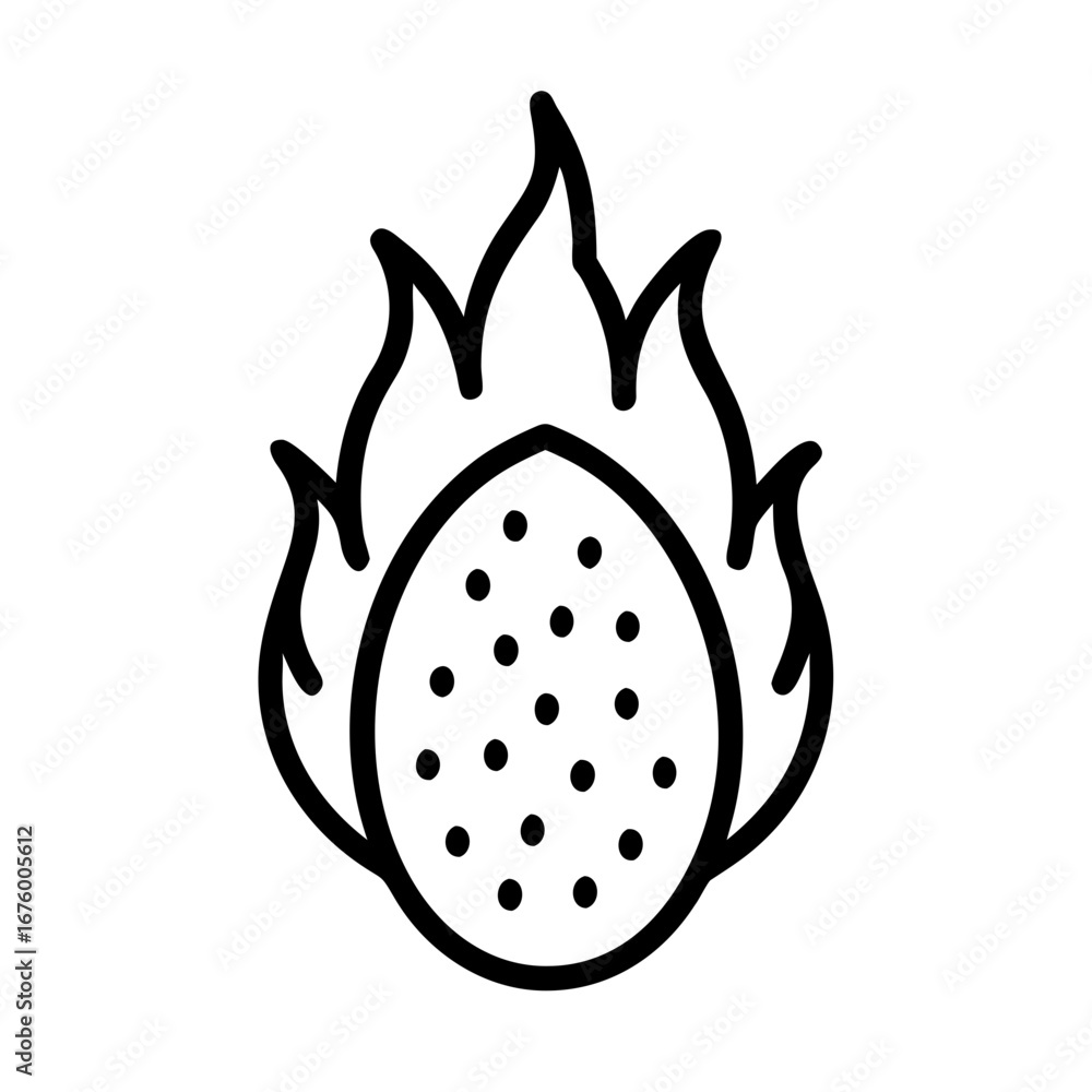 Poster outline drawing of a dragon fruit with black seeds surrounded by flame like structures in a simple s