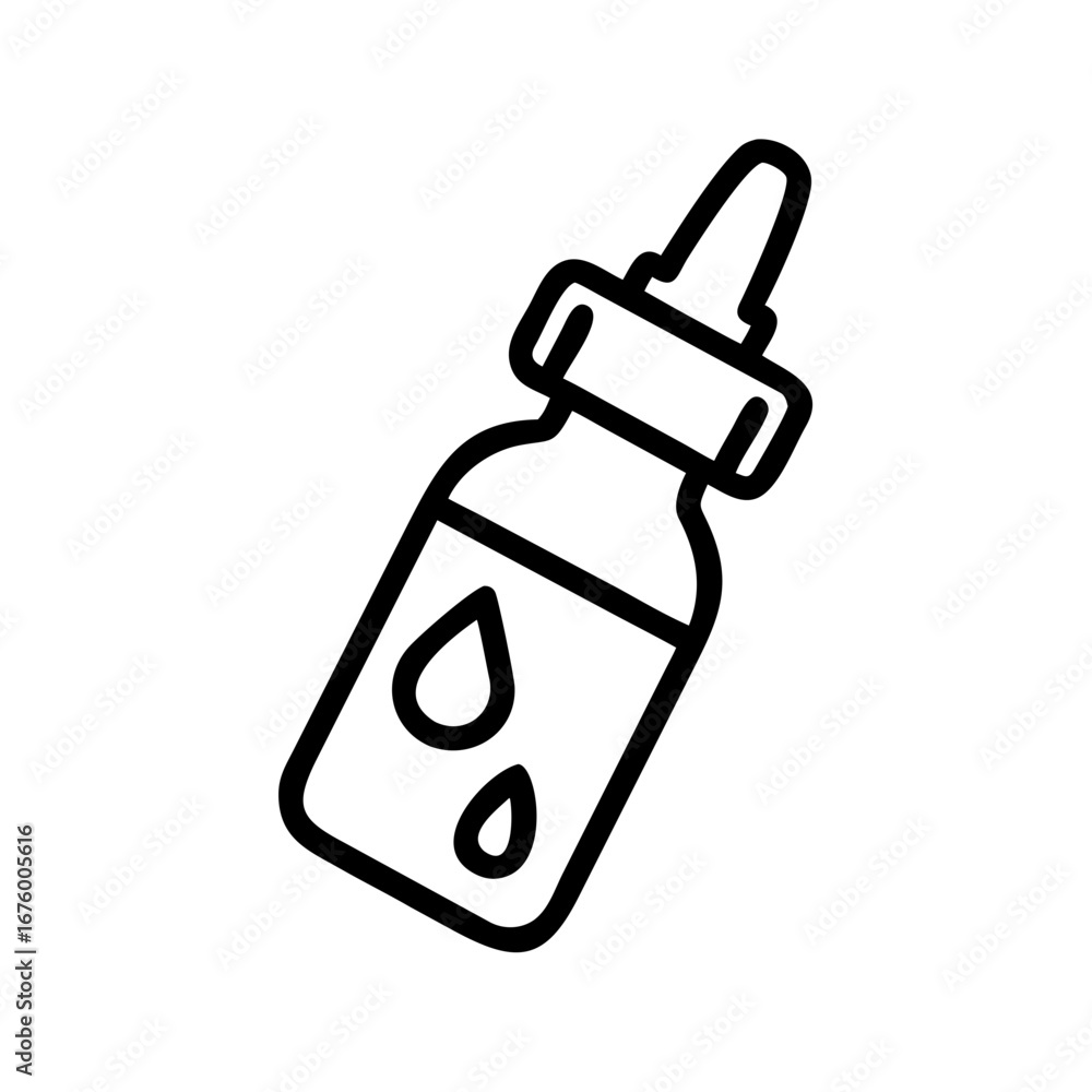 Poster depiction of a dropper bottle with two drops inside in a simple black outline style on a white backg