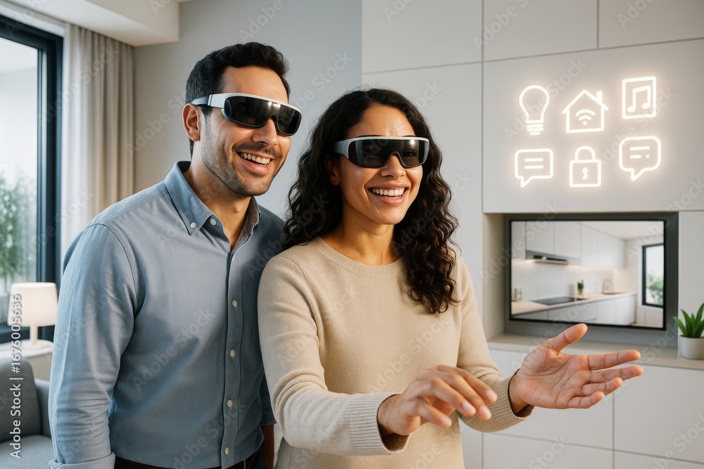 Poster happy couple using augmented reality glasses in smart home environment with digital interface icons 