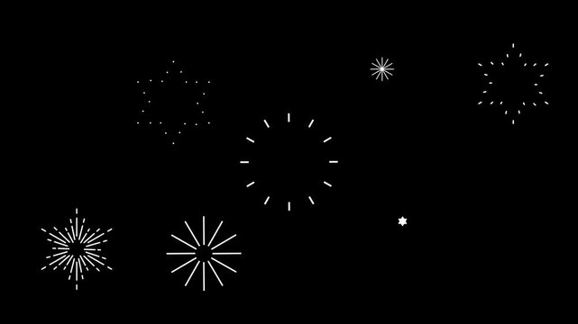 Circular fireworks burst animation with glowing spark explosion and shiny lines. Black screen seamless 4K motion graphics template for festive celebration intros.