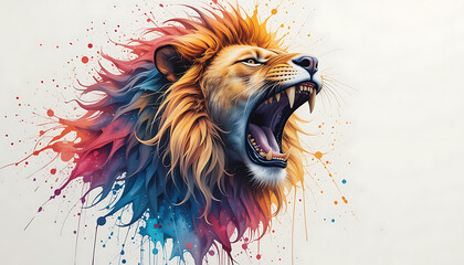 A vibrant watercolor painting of a roaring lion, its mane a splash of color, a powerful and artistic depiction of the king of the jungle