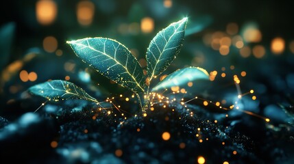 Glowing plant with leaves sprouting from dark soil surrounded by bokeh lights in the background