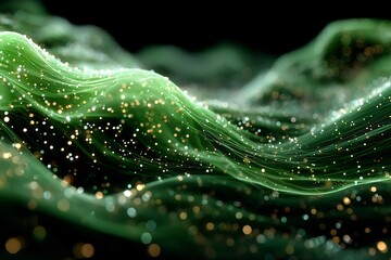 3d render of bio data cloud particles floating interacting in digital green environment smooth composition and modern depth